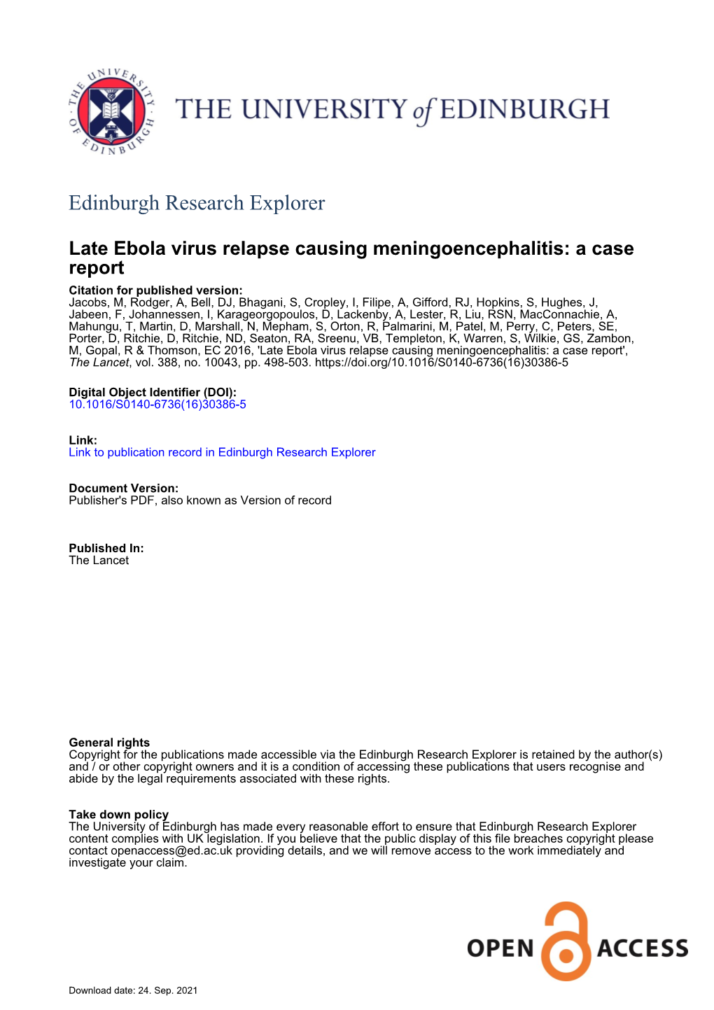 Late Ebola Virus Relapse Causing Meningoencephalitis: A