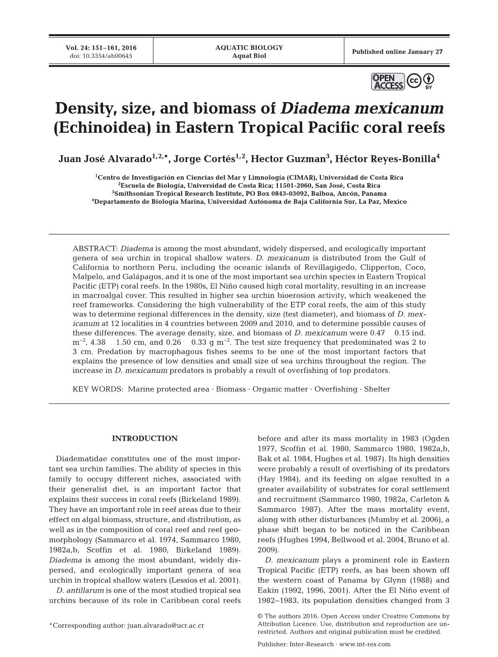 Density, Size, and Biomass of Diadema Mexicanum (Echinoidea) in Eastern Tropical Pacific Coral Reefs