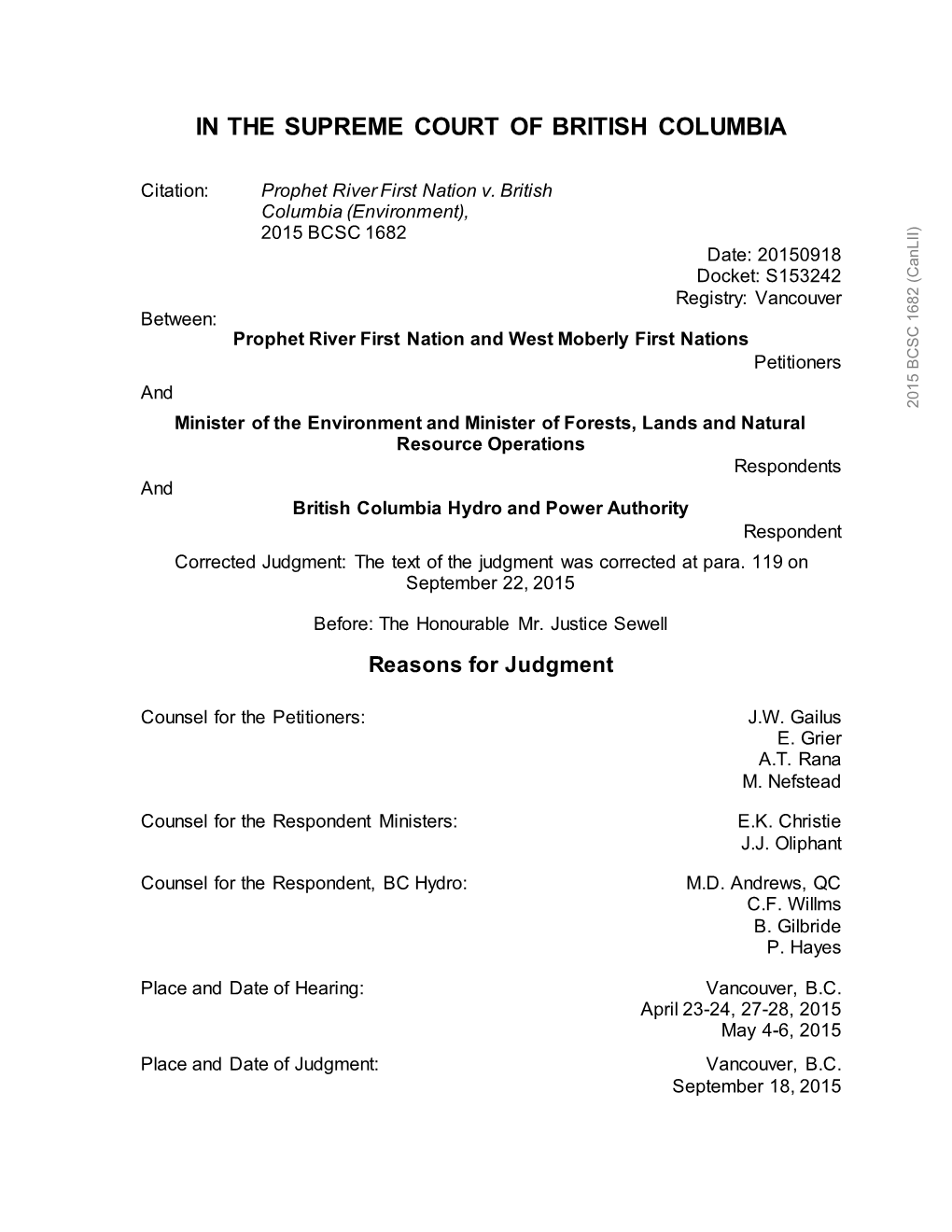 Site C British Columbia Supreme Court Judgment 2015 BCSC 1682.Pdf