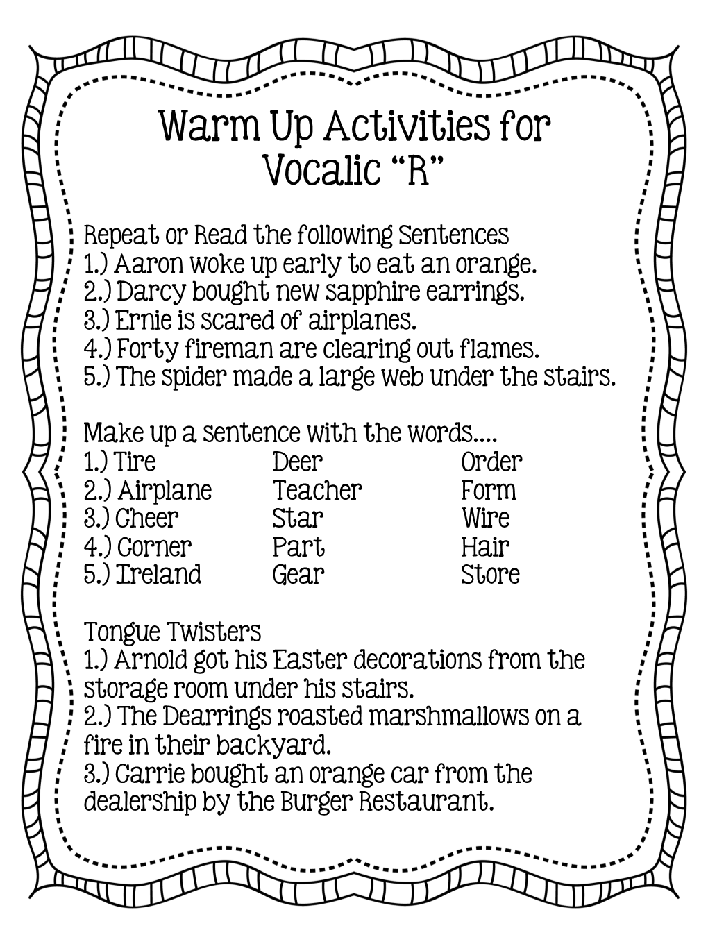 Warm up Activities for Vocalic “R”