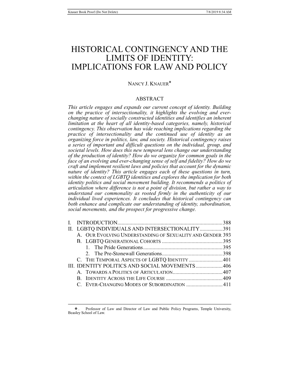 Historical Contingency and the Limits of Identity: Implications for Law and Policy