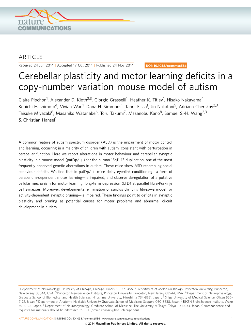 Cerebellar Plasticity and Motor Learning Deficits in a Copy