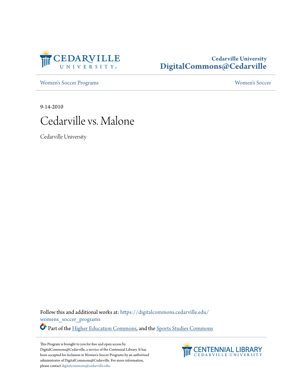 Cedarville Vs. Malone Cedarville University