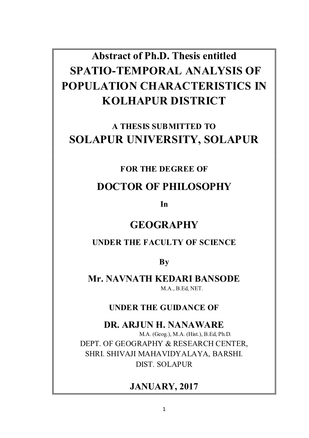 Spatio-Temporal Analysis of Population Characteristics in Kolhapur District