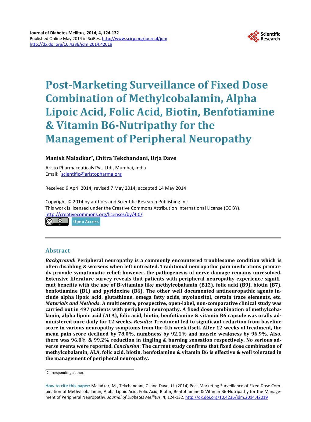 Post-Marketing Surveillance of Fixed Dose Combination of Methylcobalamin, Alpha Lipoic Acid, Folic Acid, Biotin, Benfotiamine &A