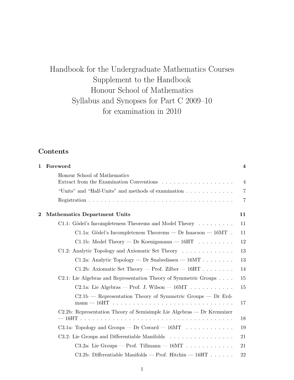 Handbook for the Undergraduate Mathematics Courses