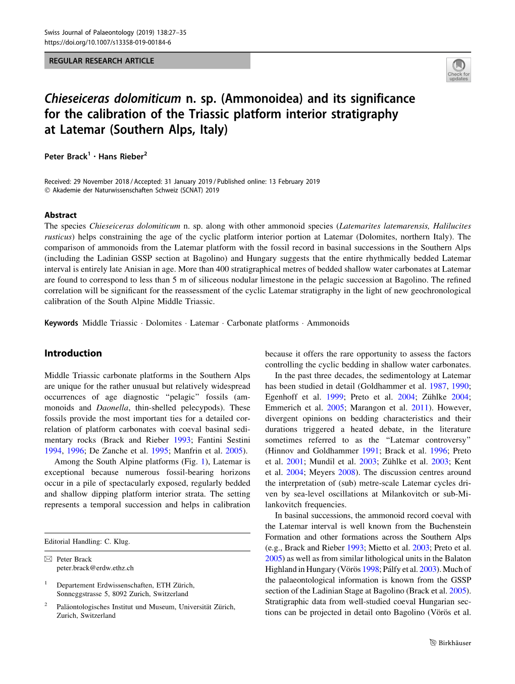 Chieseiceras Dolomiticum N. Sp. (Ammonoidea) and Its Significance for the Calibration of the Triassic Platform Interior Stratigraphy at Latemar (Southern Alps, Italy)