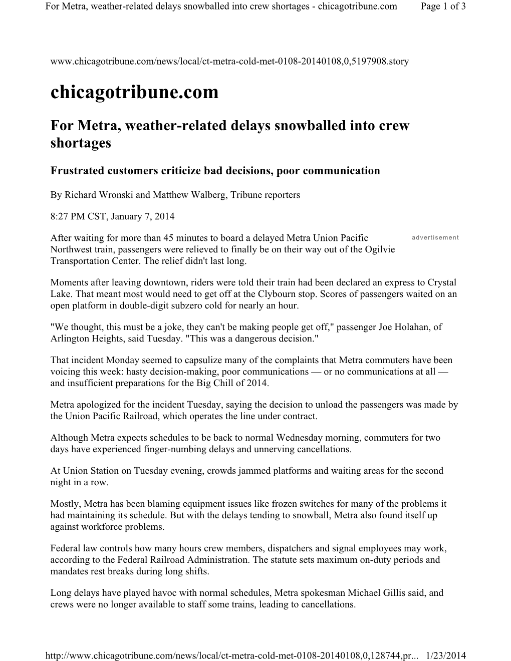 For Metra, Weather-Related Delays Snowballed Into Crew Shortages - Chicagotribune.Com Page 1 of 3