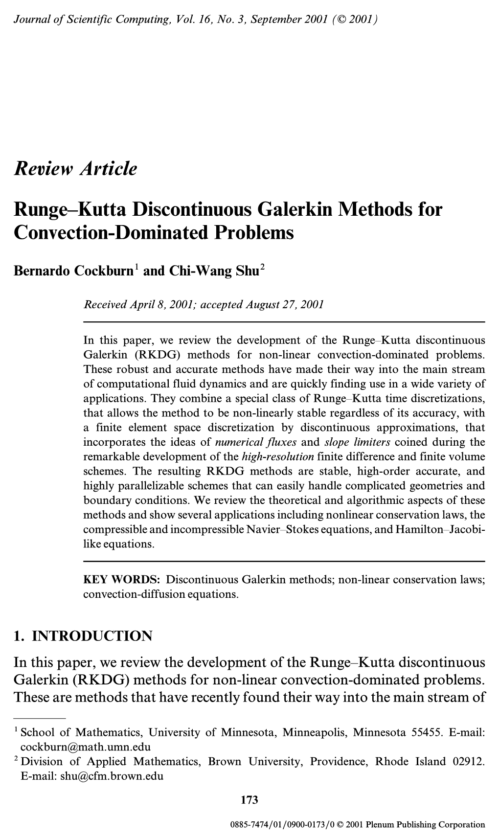 Runge–Kutta Discontinuous Galerkin Methods for Convection-Dominated Problems