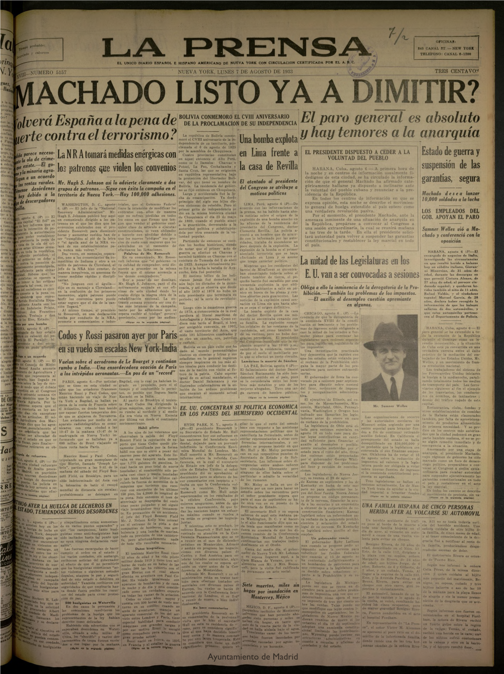 La Prensa.Único Diario Español E Hispano Americano En Nueva York, 7 De Agosto De 1933, Nº 5157