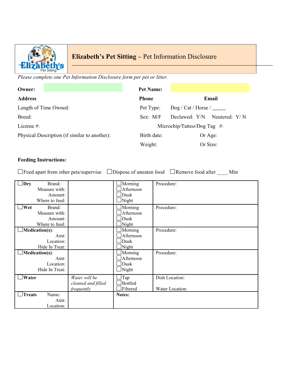 Please Complete One Pet Information Disclosure Form Per Pet Or Litter