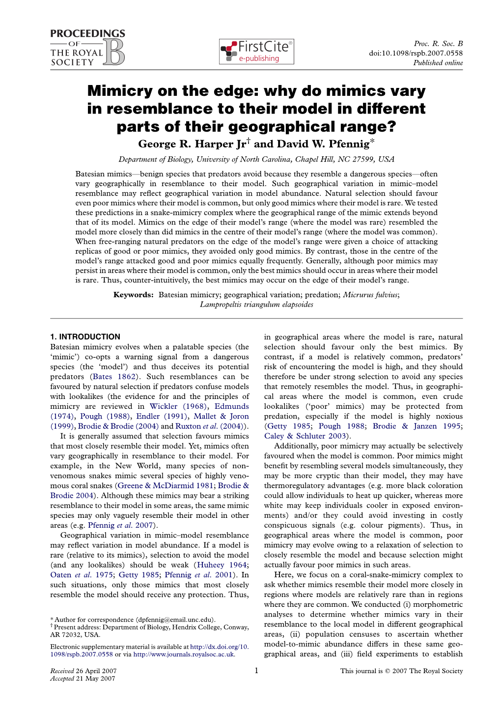 Mimicry on the Edge: Why Do Mimics Vary in Resemblance to Their Model in Different Parts of Their Geographical Range? George R