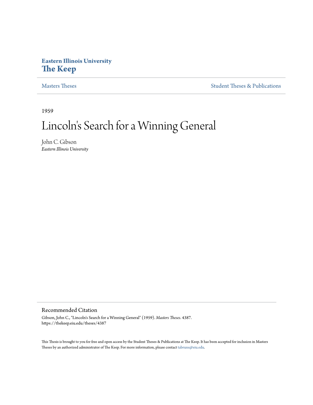 Lincoln's Search for a Winning General John C