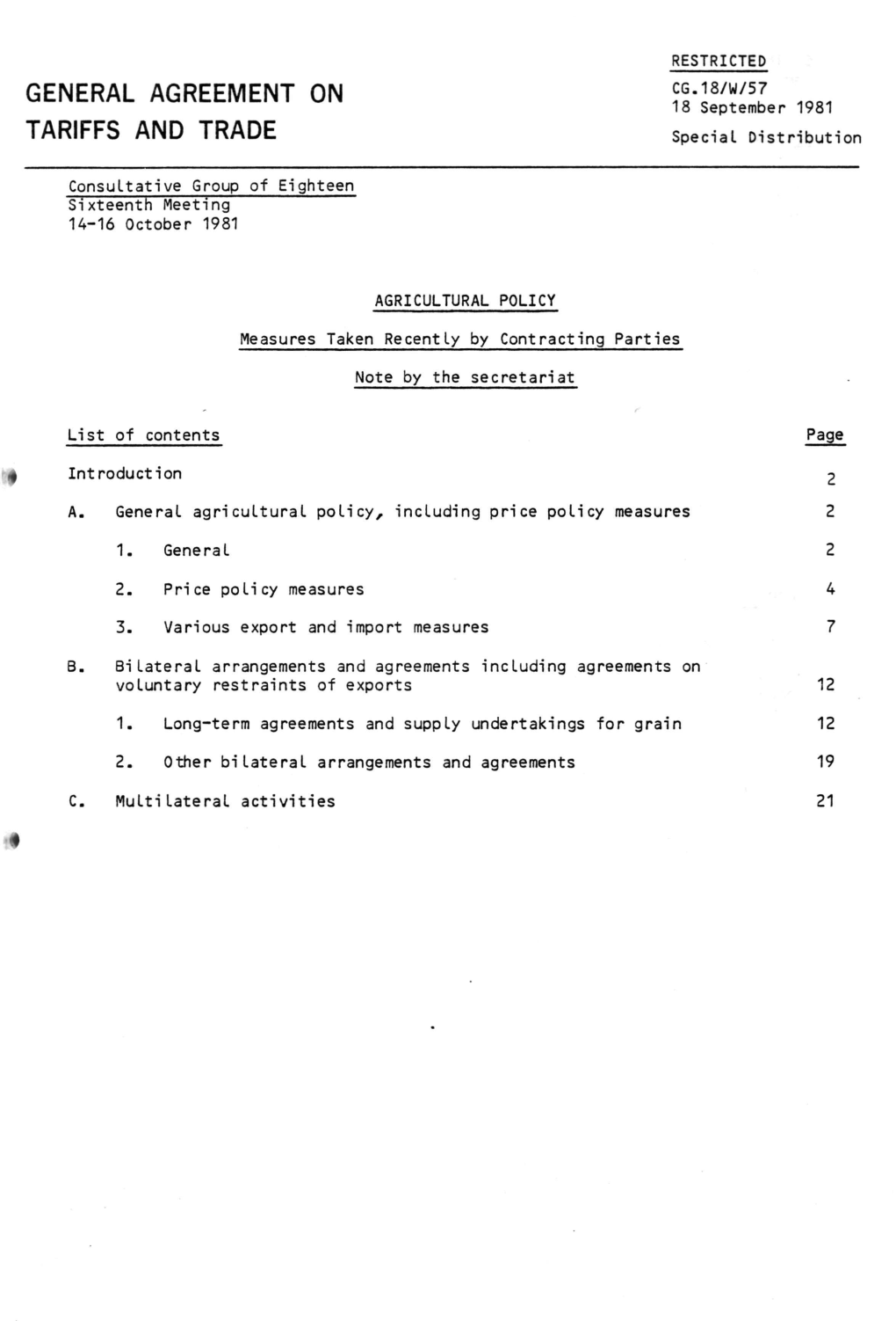 General Agreement on Î,'I8/W/5I „.« Tariffs and Trade