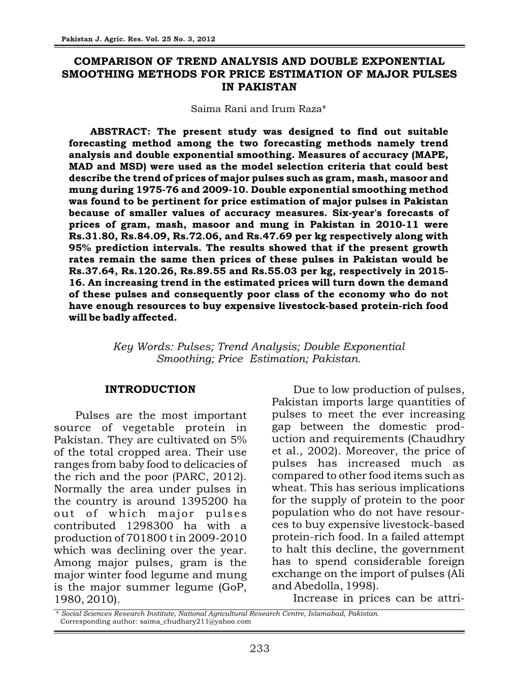 Double Exponential Smoothing Methods for Price Estimation of Major Pulses in Pakistan