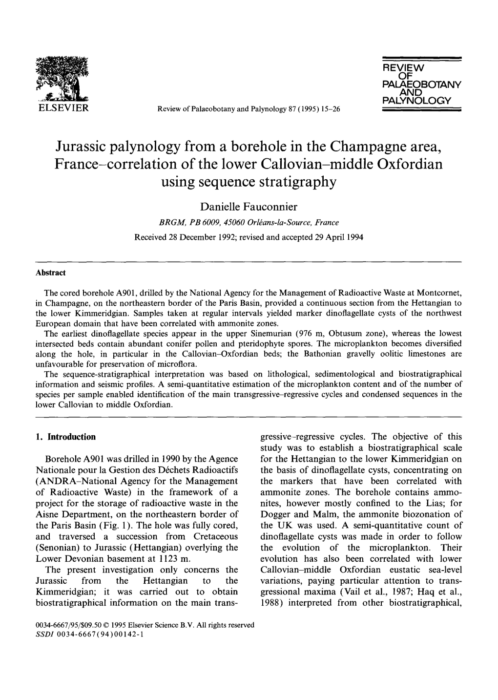 Jurassic Palynology from a Borehole in the Champagne Area, France-Correlation of the Lower Callovian-Middle Oxfordian Using Sequence Stratigraphy