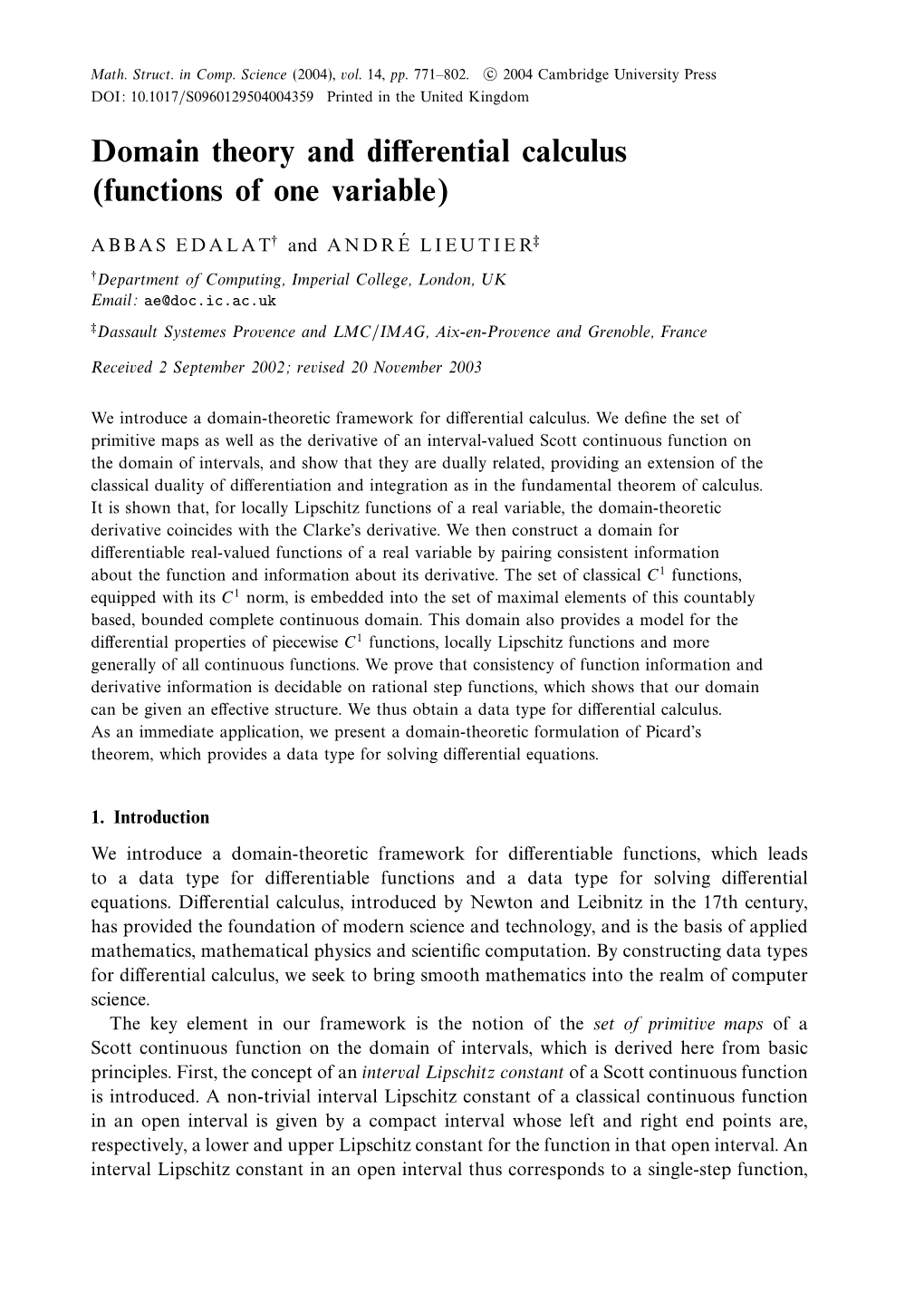 Domain Theory and Differential Calculus (Functions of One Variable)