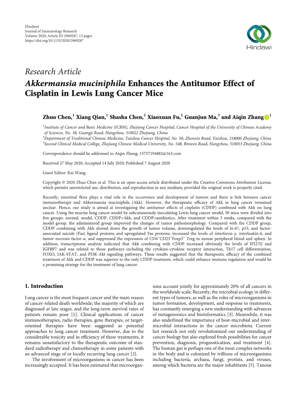 Akkermansia Muciniphila Enhances the Antitumor Effect of Cisplatin in Lewis Lung Cancer Mice