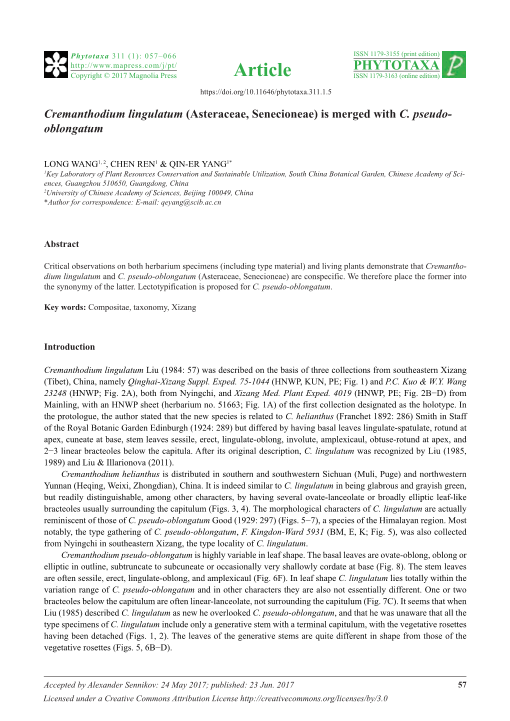 Cremanthodium Lingulatum (Asteraceae, Senecioneae) Is Merged with C