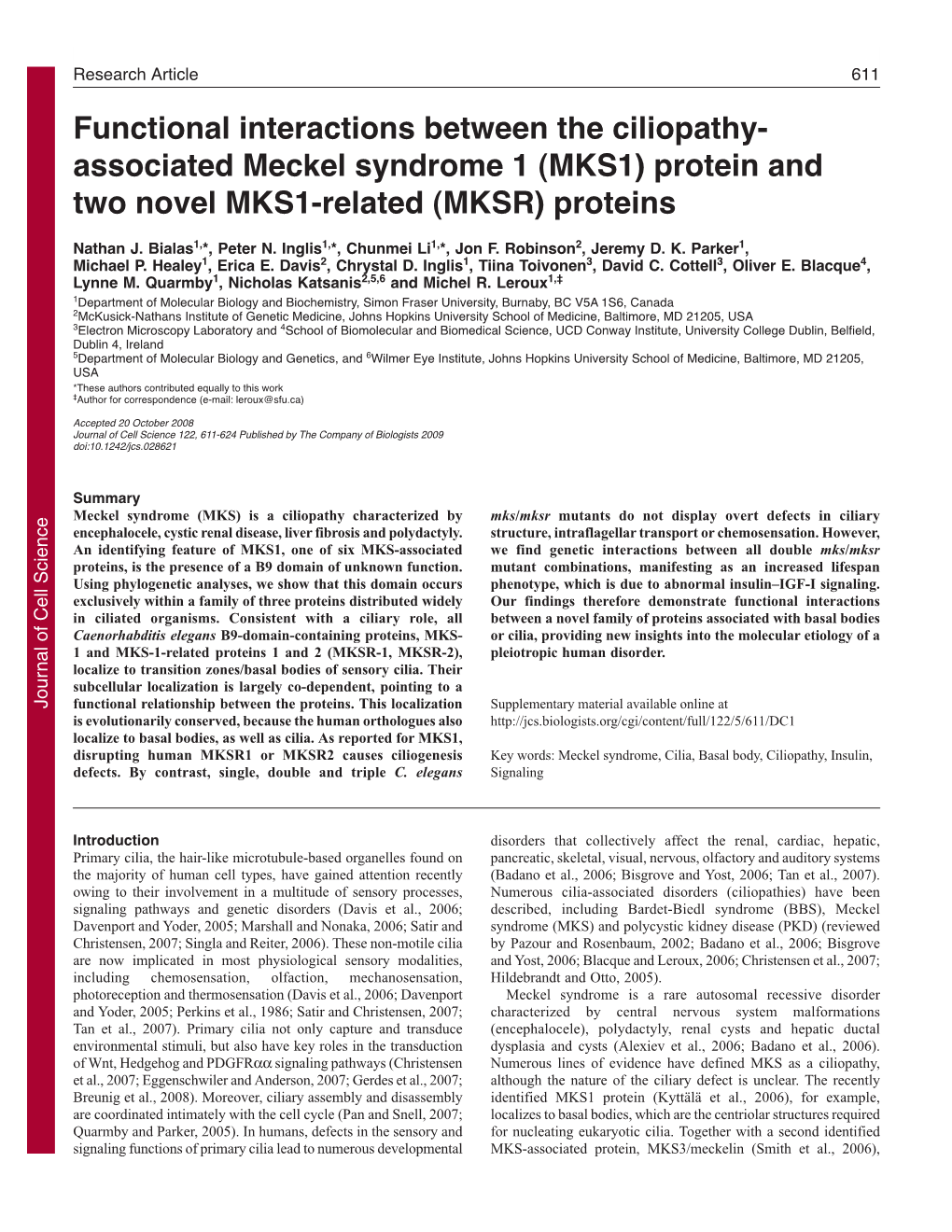 MKS1) Protein and Two Novel MKS1-Related (MKSR) Proteins