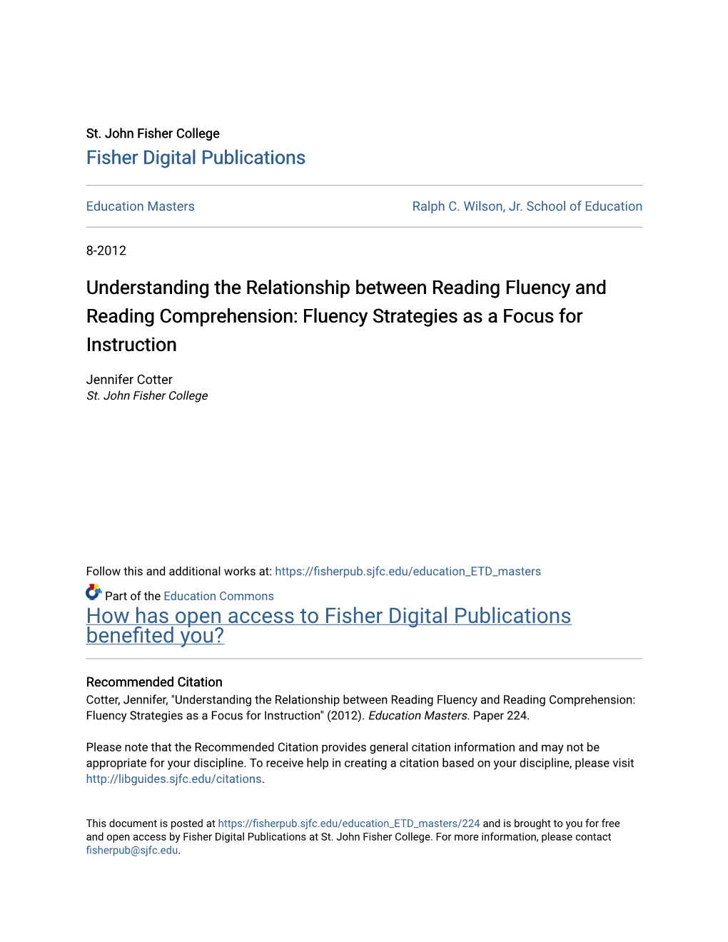 Understanding the Relationship Between Reading Fluency and Reading Comprehension: Fluency Strategies As a Focus for Instruction