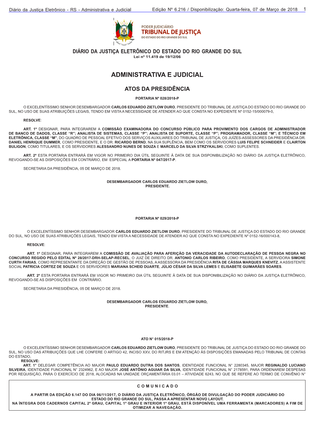 Administrativa E Judicial Edição Nº 6.216 / Disponibilização: Quarta-Feira, 07 De Março De 2018 11