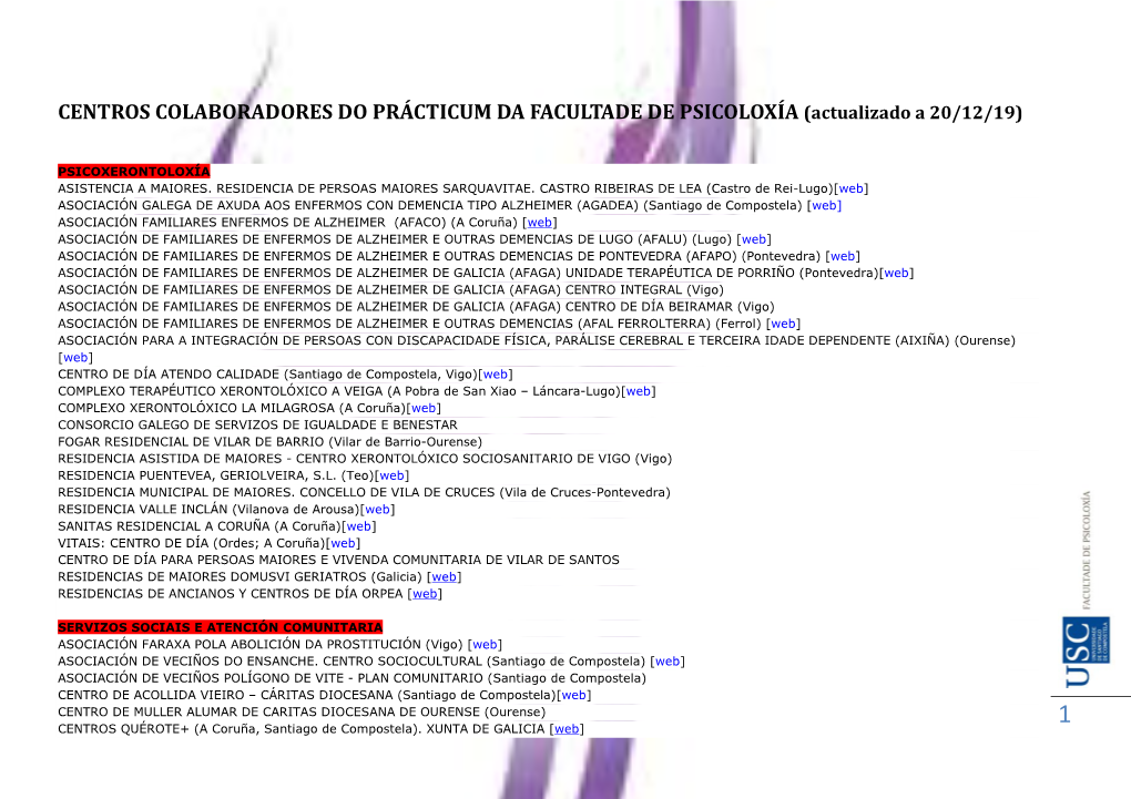 CENTROS COLABORADORES DO PRÁCTICUM DA FACULTADE DE PSICOLOXÍA (Actualizado a 20/12/19)