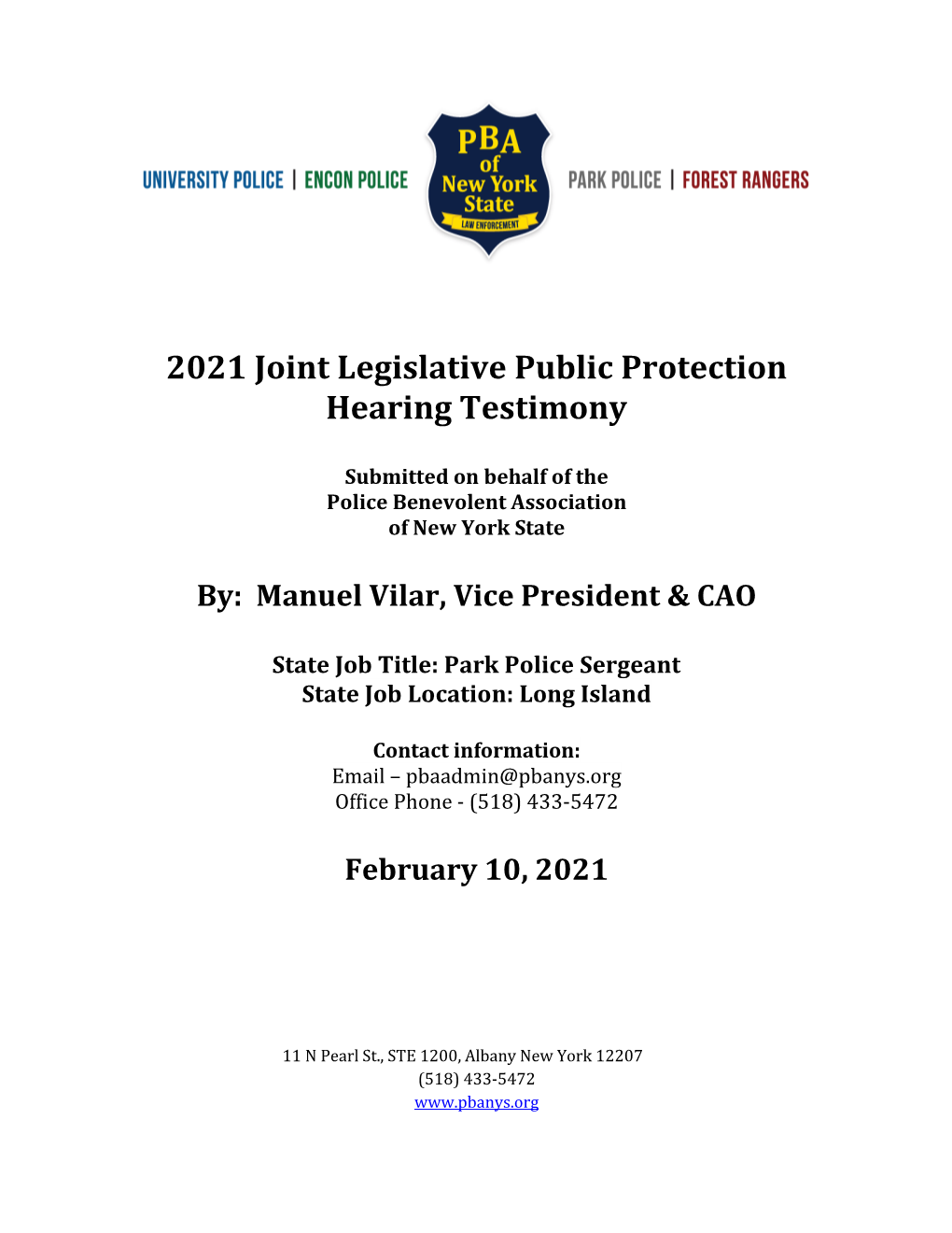 2021 Joint Legislative Public Protection Hearing Testimony