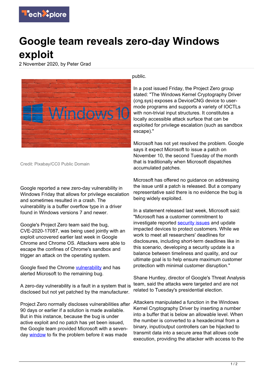 Google Team Reveals Zero-Day Windows Exploit 2 November 2020, by Peter Grad