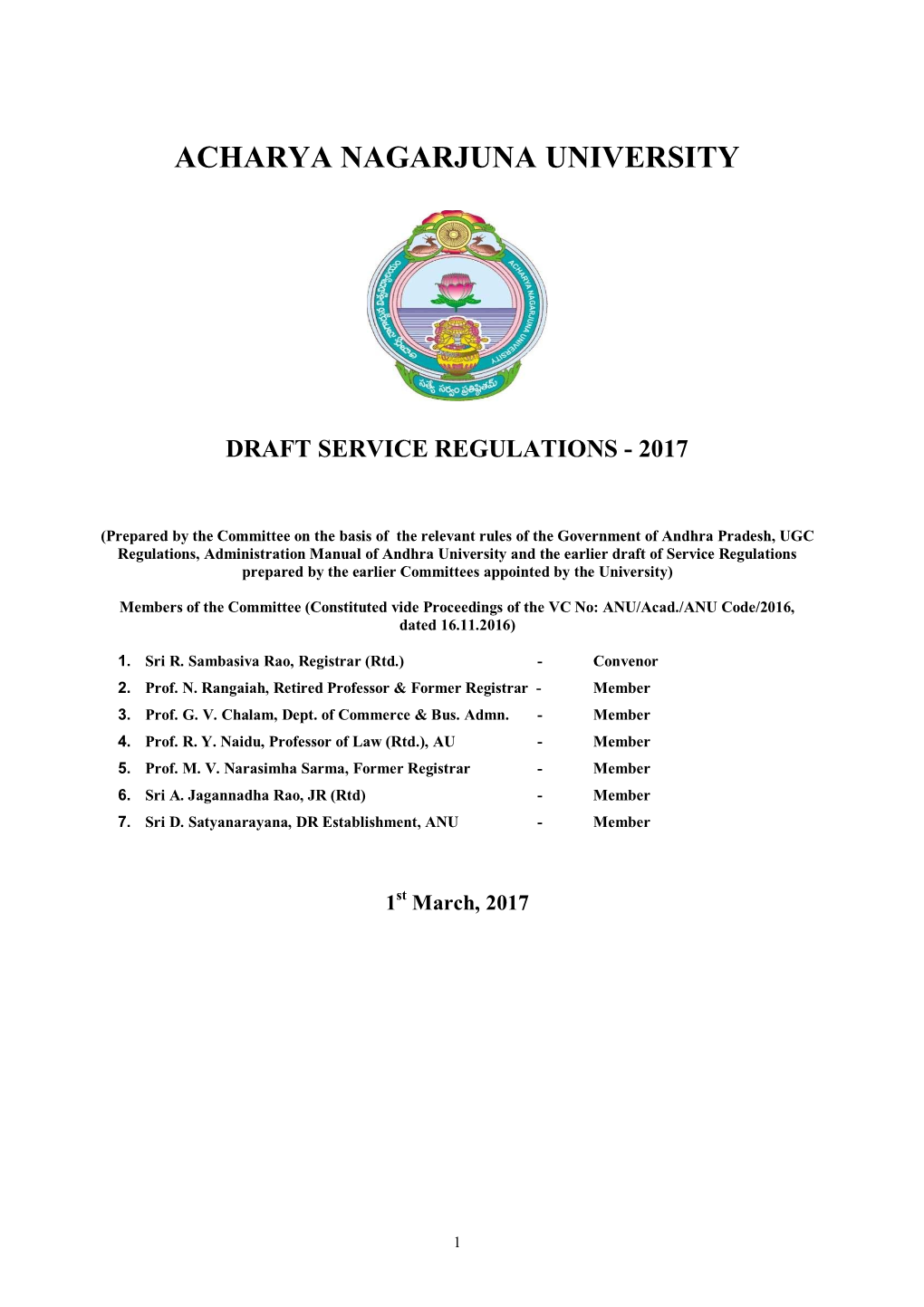 Acharya Nagarjuna University Draft Service Regulations