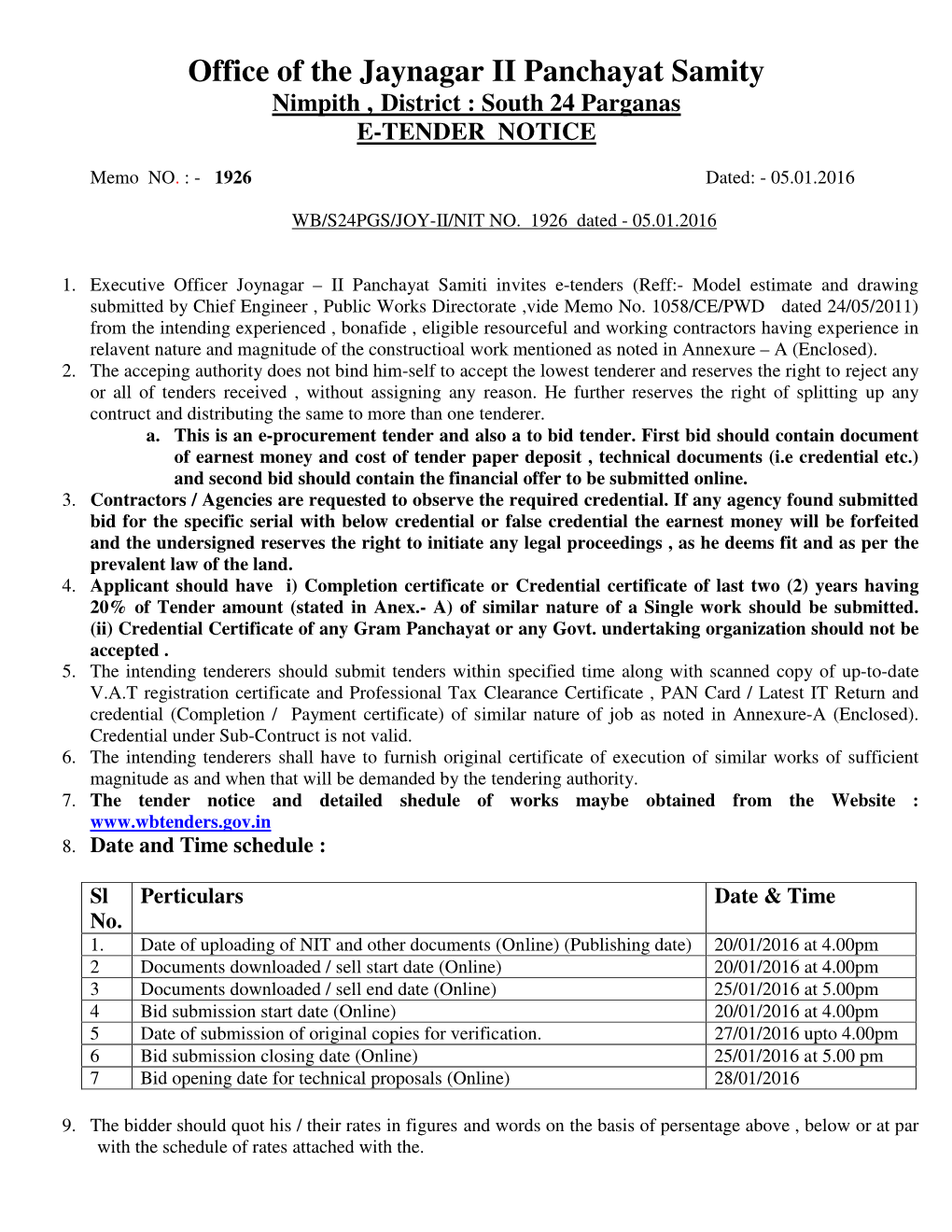 Office of the Jaynagar II Panchayat Samity Nimpith , District : South 24 Parganas E-TENDER NOTICE