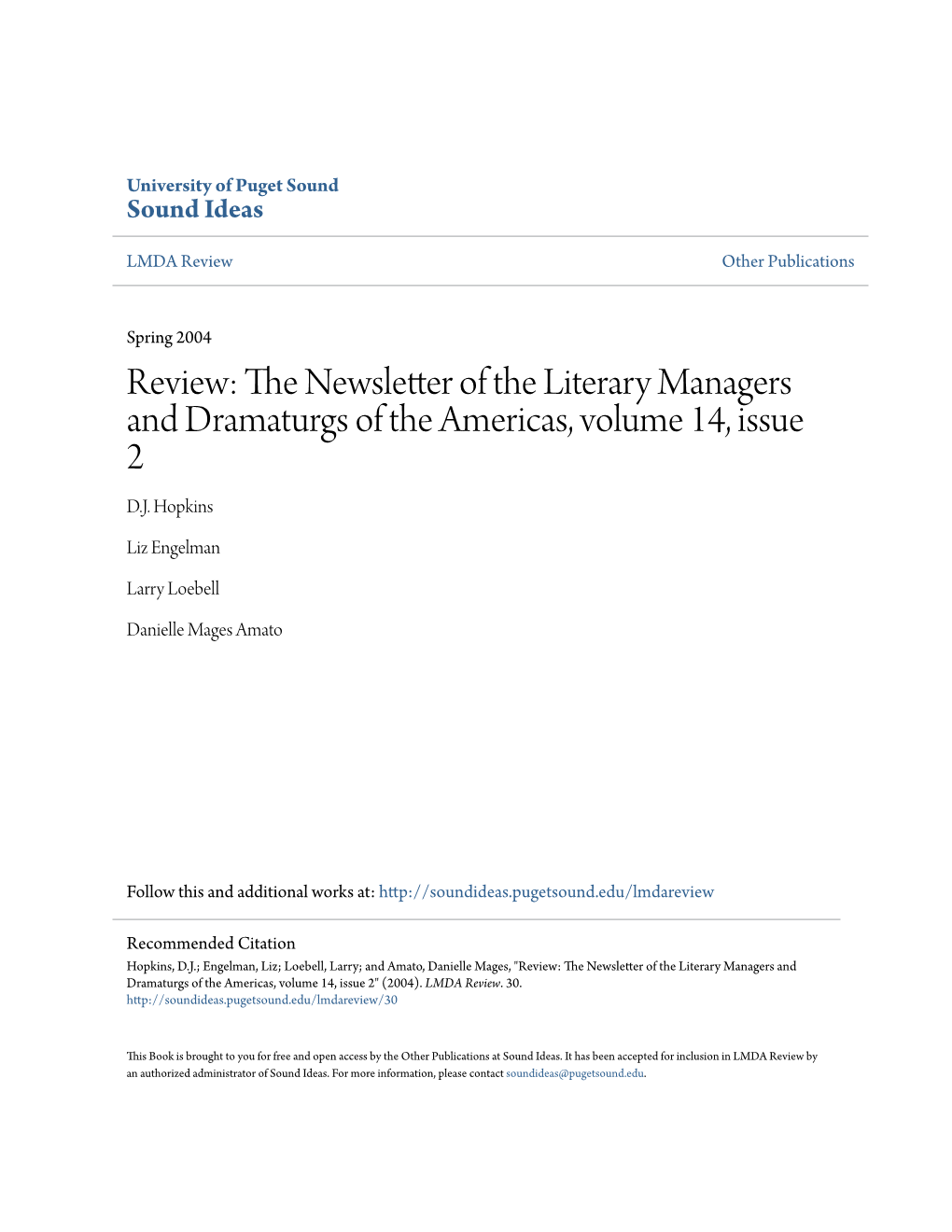Review: the Newsletter of the Literary Managers And