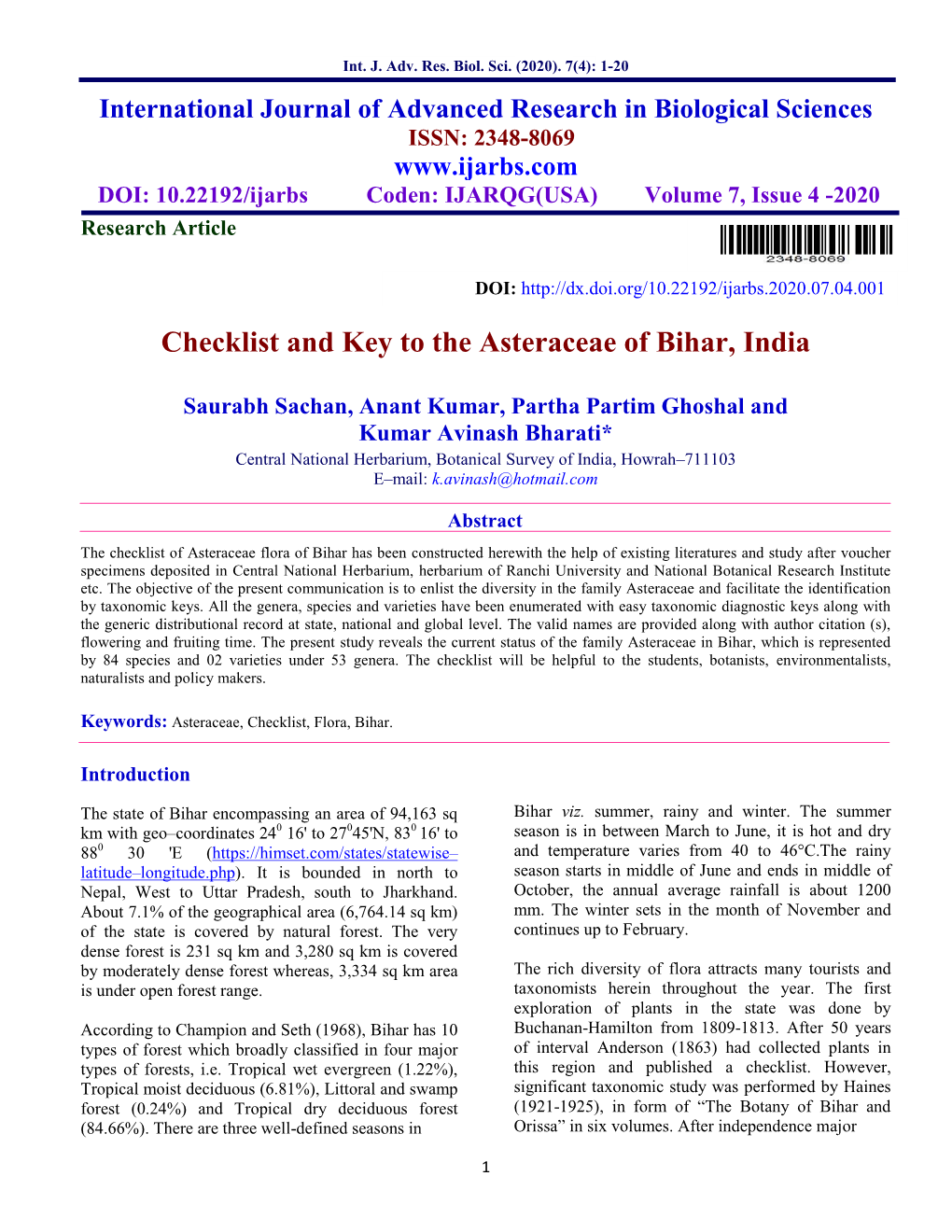 Checklist and Key to the Asteraceae of Bihar, India