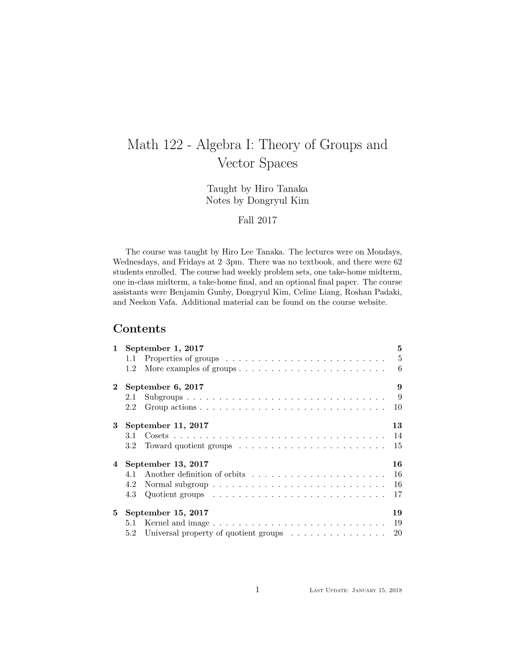 Math 122 - Algebra I: Theory of Groups and Vector Spaces