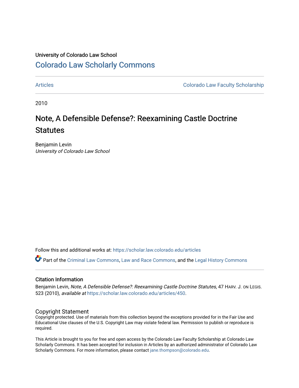 Reexamining Castle Doctrine Statutes