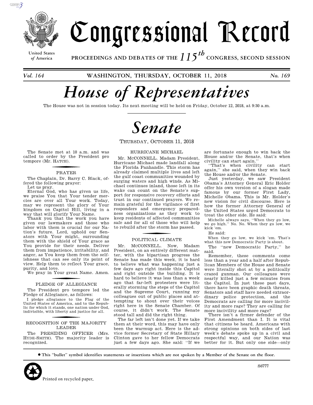 Congressional Record United States Th of America PROCEEDINGS and DEBATES of the 115 CONGRESS, SECOND SESSION