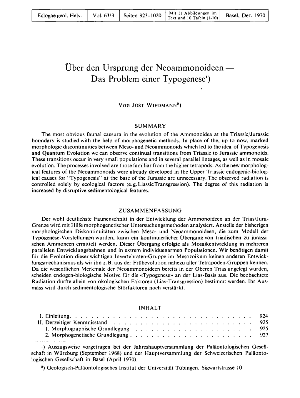 Über Den Ursprung Der Neoammonoideen — Das Problem Einer Typogenese1)