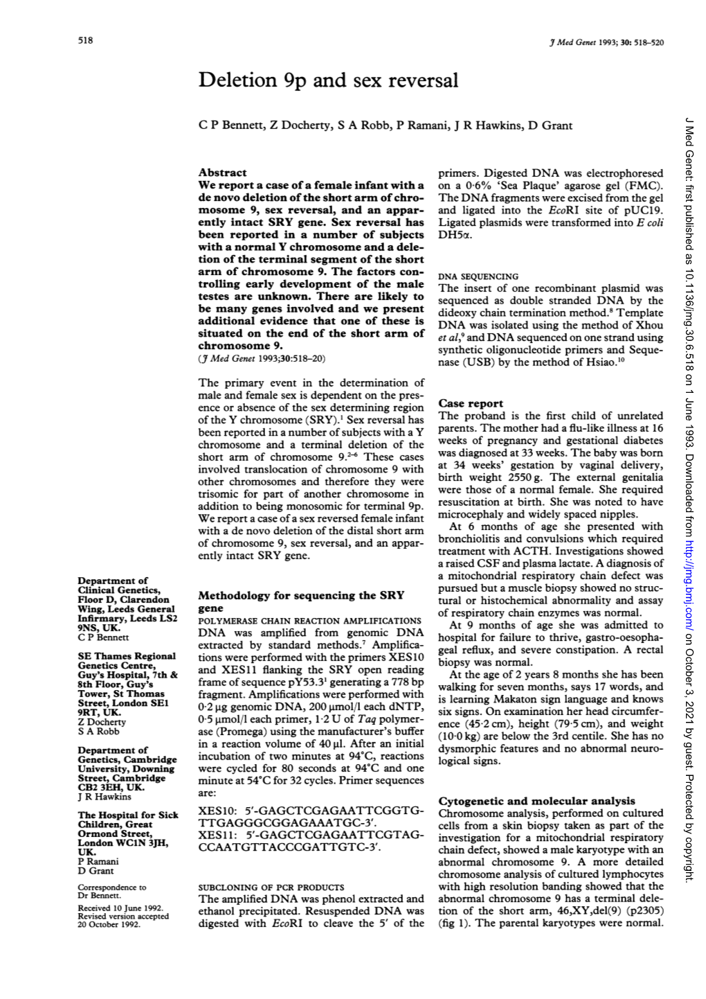 Deletion 9P and Sex Reversal J Med Genet: First Published As 10.1136/Jmg.30.6.518 on 1 June 1993