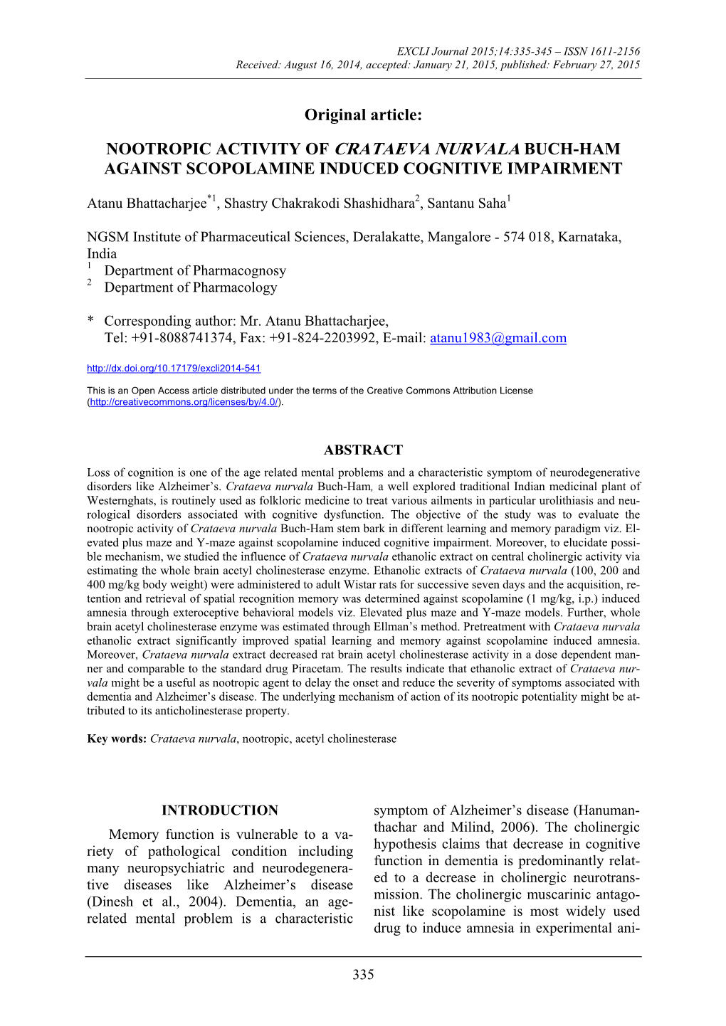 Nootropic Activity of Crataeva Nurvala Buch-Ham Against Scopolamine Induced Cognitive Impairment