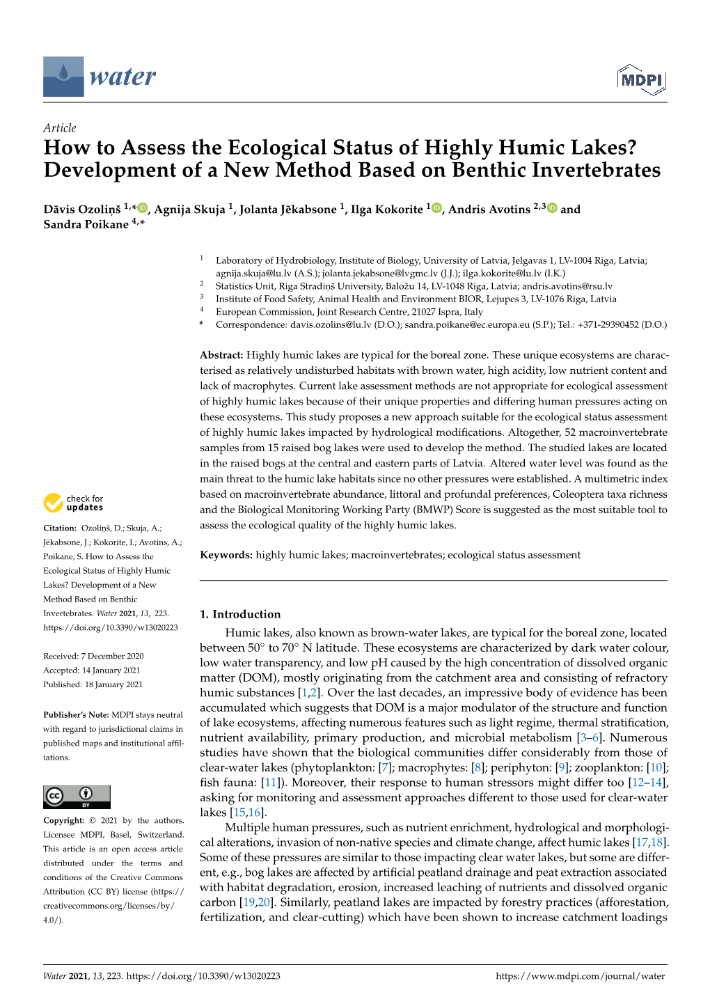 How to Assess the Ecological Status of Highly Humic Lakes? Development of a New Method Based on Benthic Invertebrates