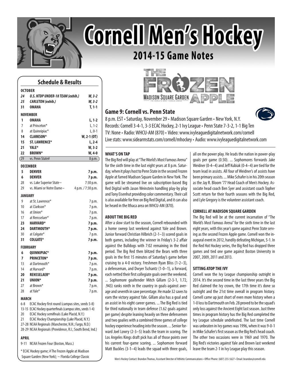 Game 9: Cornell Vs. Penn State Schedule & Results