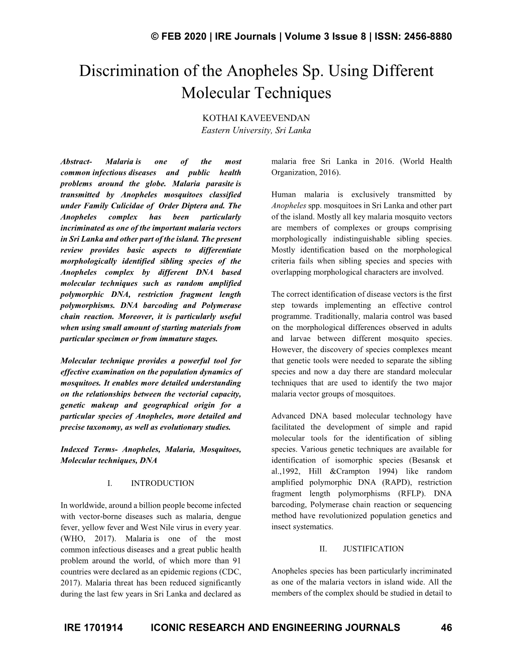 Discrimination of the Anopheles Sp. Using Different Molecular Techniques