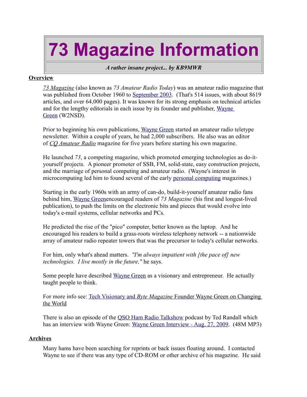 73 Magazine Information a Rather Insane Project