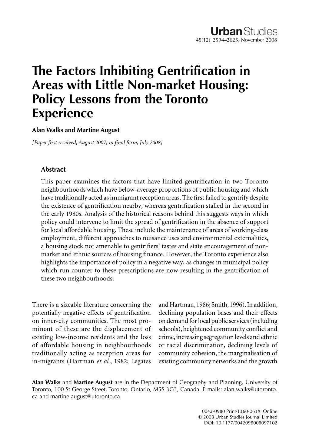 The Factors Inhibiting Gentrification in Areas with Little Non-Market Housing: Policy Lessons from the Toronto Experience