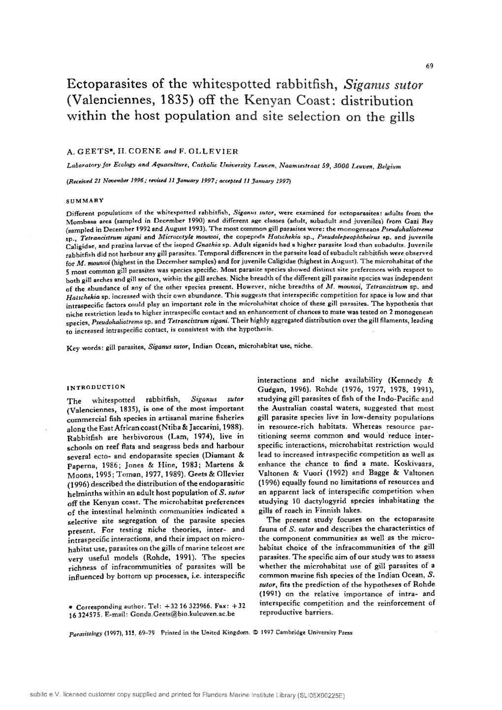 Ectoparasites of the Whitespotted Rabbitfish, Siganus Sutor