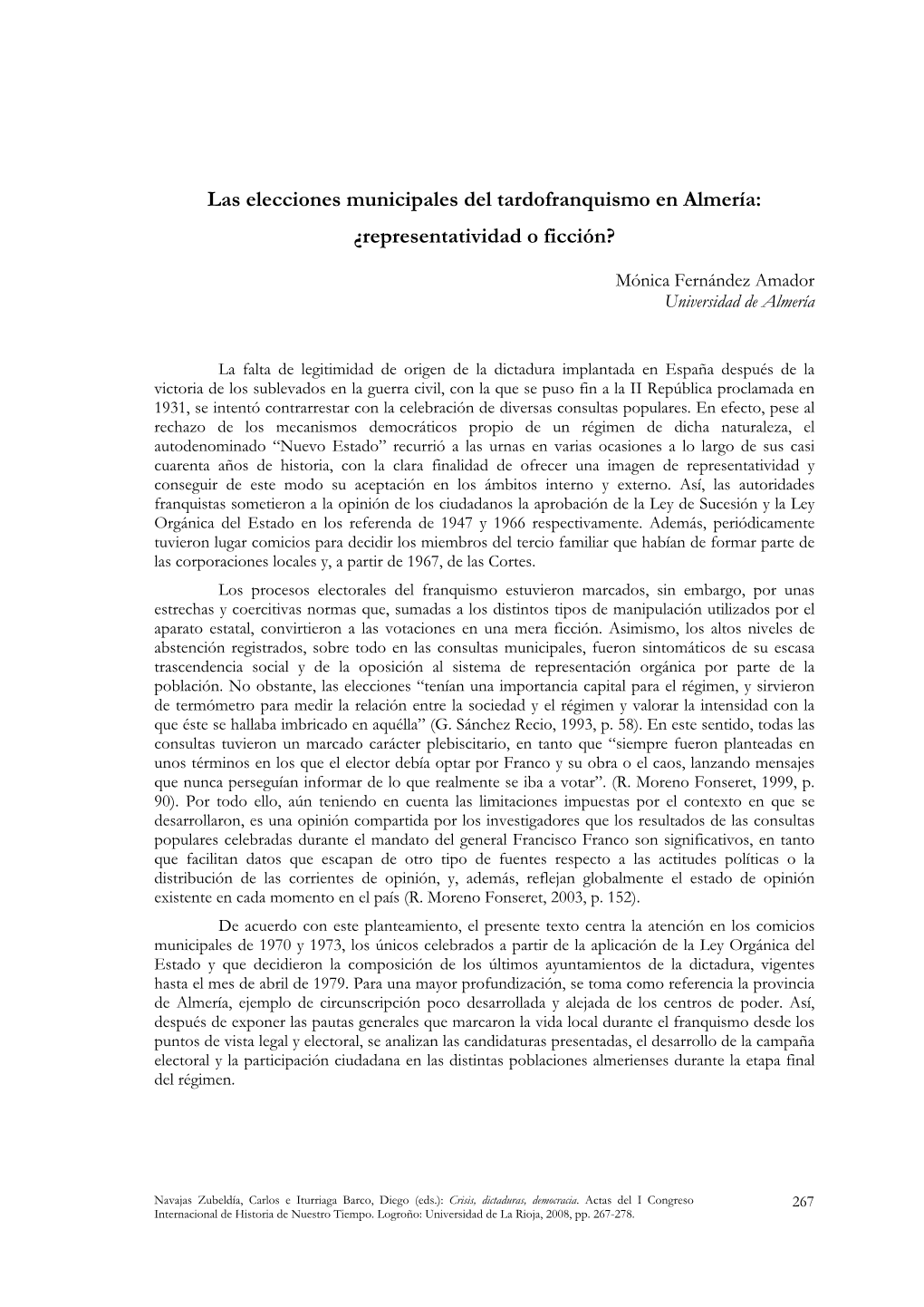 Las Elecciones Municipales Del Tardofranquismo En Almería: ¿Representatividad O Ficción?