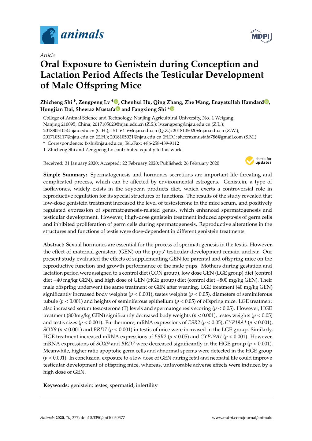 Oral Exposure to Genistein During Conception and Lactation Period Aﬀects the Testicular Development of Male Oﬀspring Mice