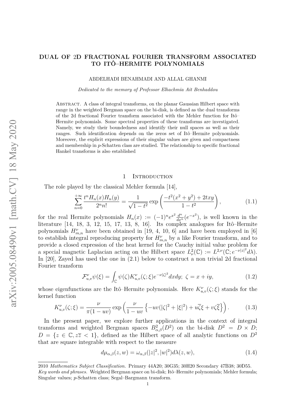 Dual of 2D Fractional Fourier Transform Associated to It\^ O--Hermite Polynomials