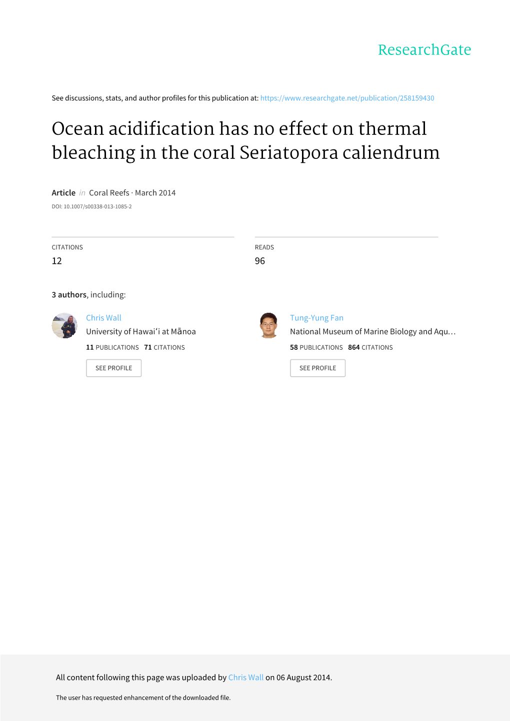 Ocean Acidification Has No Effect on Thermal Bleaching in the Coral Seriatopora Caliendrum