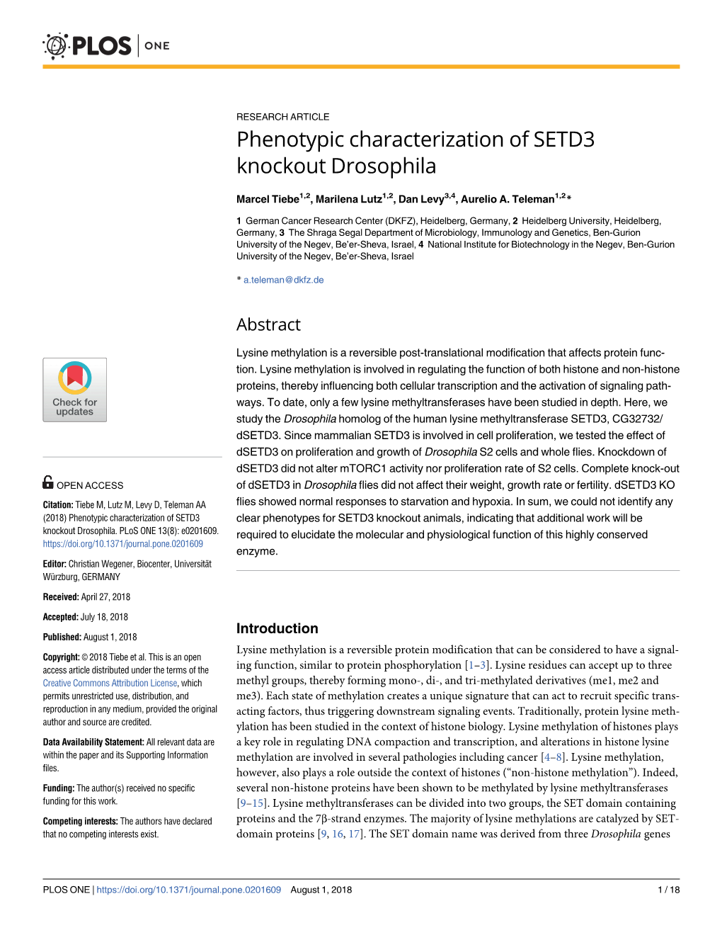 Phenotypic Characterization of SETD3 Knockout Drosophila